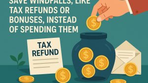 Save windfalls, like tax refunds or bonuses, instead of spending them.