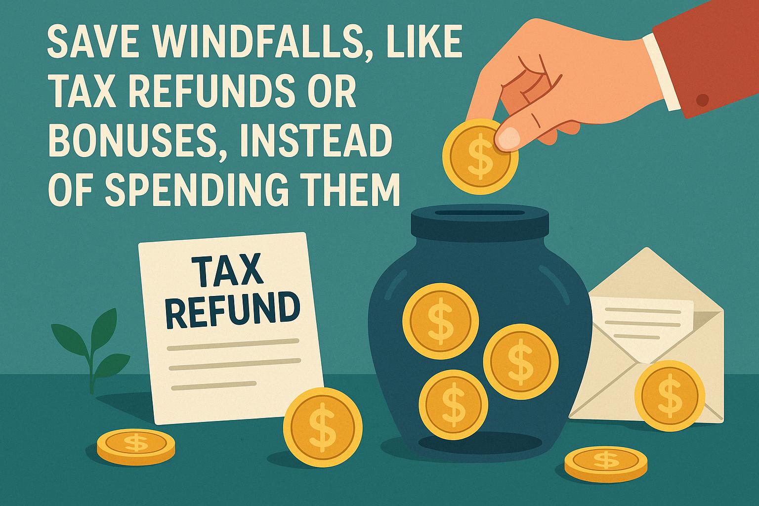 Save windfalls, like tax refunds or bonuses, instead of spending them.