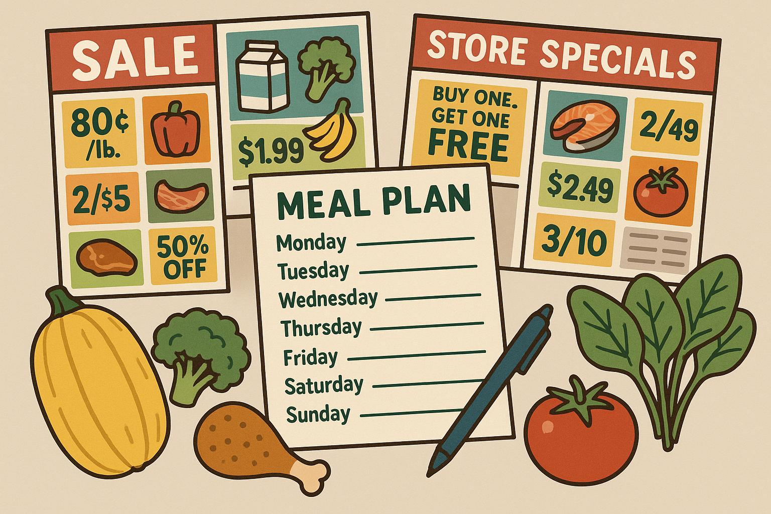 Create a meal plan based on weekly store promotions.